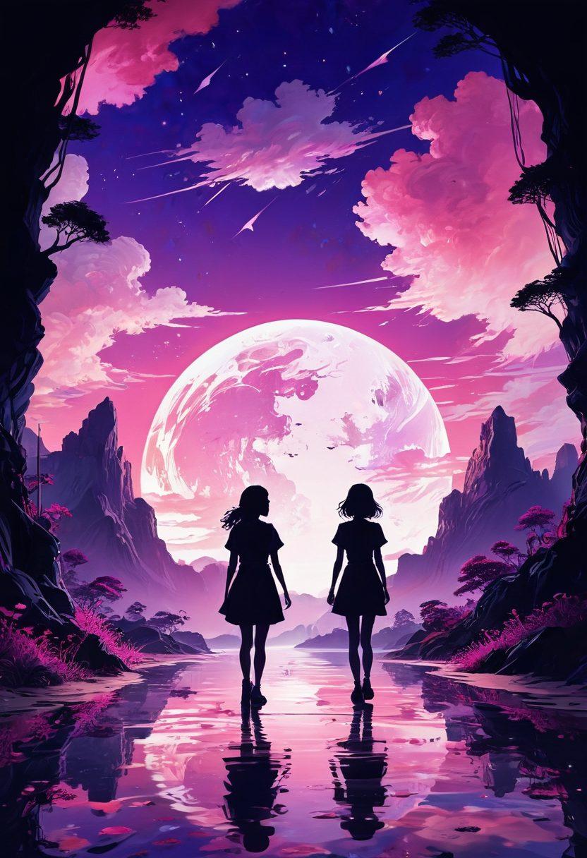 A vibrant and visually striking illustration featuring elements of adult entertainment, like abstract representations of sensuality and desire. Incorporate playful, artistic interpretations of iconic anime-style characters blending into surreal landscapes that challenge the boundaries of imagination. Use a color palette that blends deep purples, electric pinks, and soft pastels, evoking a sense of whimsy and allure. Integrate subtle hints of cultural references, enhancing the journey theme. super-realistic. vibrant colors. captivating background.