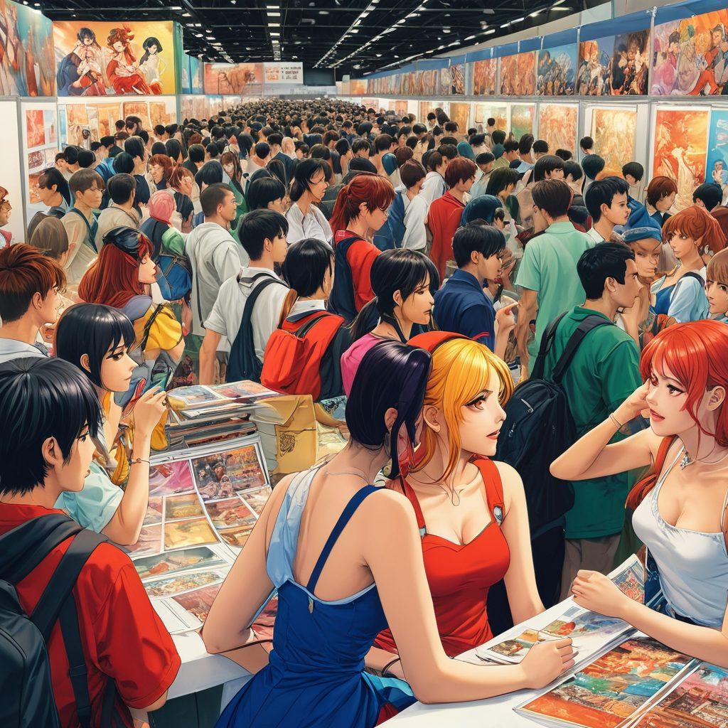A vibrant and immersive illustration of a bustling manga convention, filled with colorful booths showcasing hentai art, cosplayers dressed as anime characters, and viewers engrossed in exploring manga. In the foreground, showcase a diverse group of fans engaging with the artwork, surrounded by posters and merchandise. The atmosphere should be lively and playful, reflecting the adult themes in a tasteful manner. Use vivid colors to attract attention and create an engaging scene. vibrant colors. super-realistic.