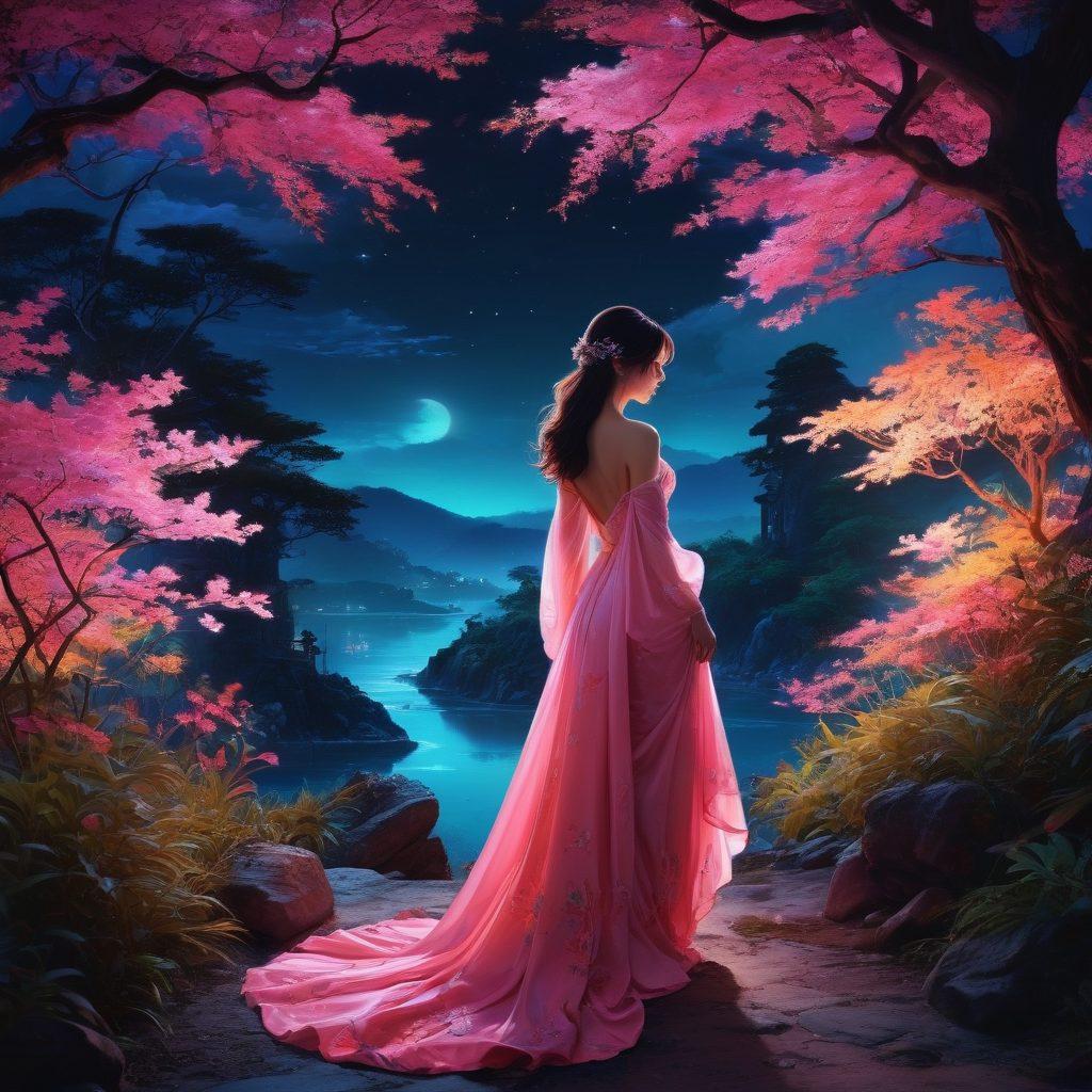 A sultry, ethereal scene featuring a mesmerizing blend of fantasy characters, draped in colorful, flowing fabrics, surrounded by lush, dreamlike landscapes. Incorporate elements of modern adult media with symbols of sensuality, such as elegant silhouettes and abstract forms that hint at intimacy. The atmosphere should exude a mix of allure and sophistication, capturing the essence of hentai art's vibrant storytelling. A touch of neon glow and soft lighting to enhance the moody ambiance. super-realistic. vibrant colors. dreamlike background.